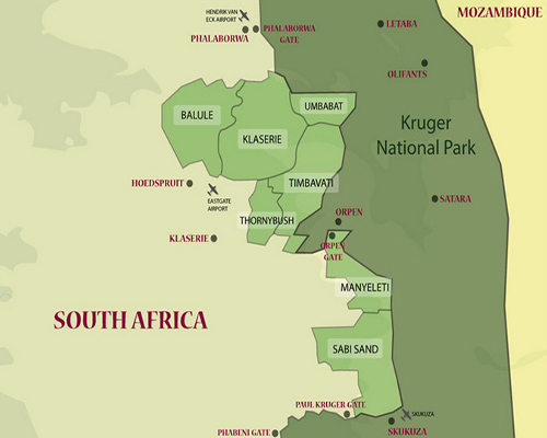 The Greater Kruger comprises many large private game reserves: Sabi Sands, Thornybush, Timbavati, Klaseri, Balule and Manyeleti